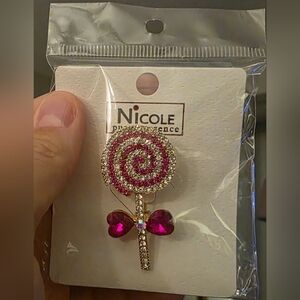 Pink and Crystal Gems Lollipop Brooch On Gold Hardware